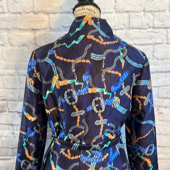 Samuel Dong Navy and Gold Patterned Trench Coat Size Small Double Zipper - Picture 7 of 12